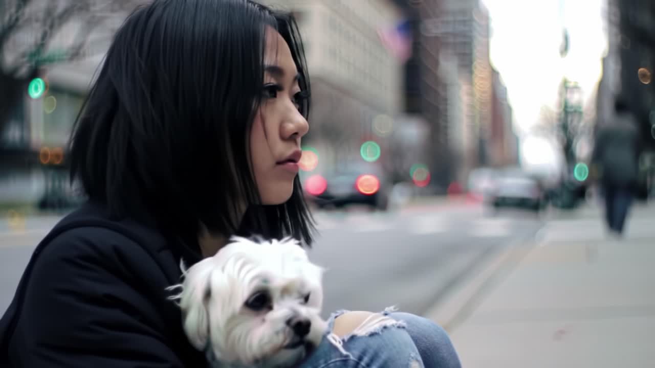 A Reflective Moment: A Young Woman Sits on a Sidewalk with Her Small Dog, Capturing the Essence of Urban Solitude and Companionship in an Overcast Cityscape