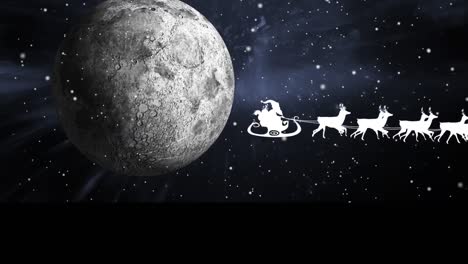 animation of santa claus in sleigh with reindeer passing over moon and stars