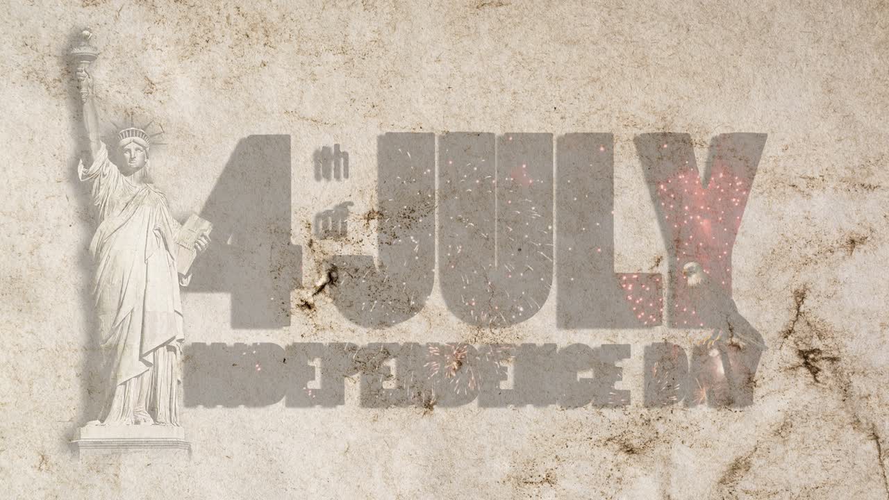 축제 불꽃놀이 형태의 텍스트 - 7월 4일 독립기념일 - 빈티지, 그런지, 오래된 종이 배경에 자유의 동상과 편지 위에 앉아있는 독수리.