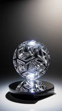 abstract glowing geometric sphere on reflective base