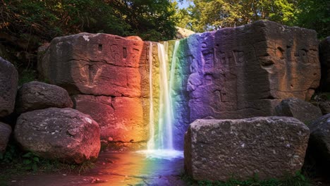 a captivating waterfall cascade emitting vibrant rainbows against ancient carved stones in a lush green environment
