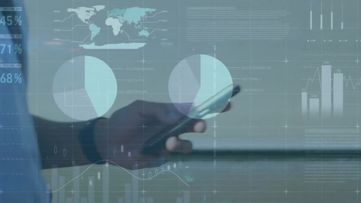 Animation of statistics and data processing over businessman using smartphone