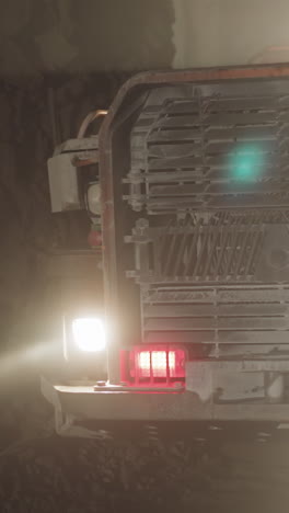 large transport moves in ore mine illuminating dark area with bright headlights. heavy mining machinery extracts and transports minerals closeup