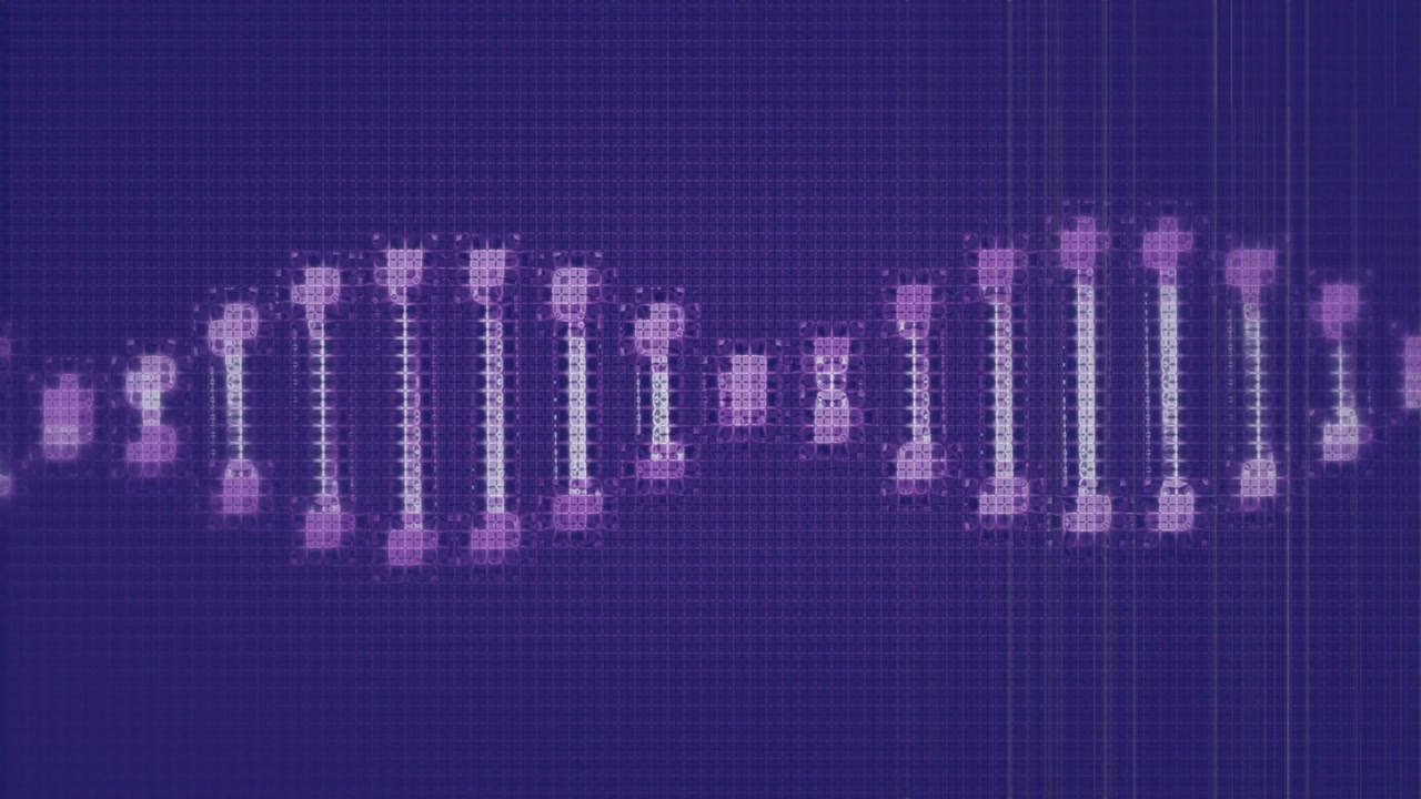 Upon appearing, pixelated helix rotating, forming lobes and contracting back, visualizing DNA cycle