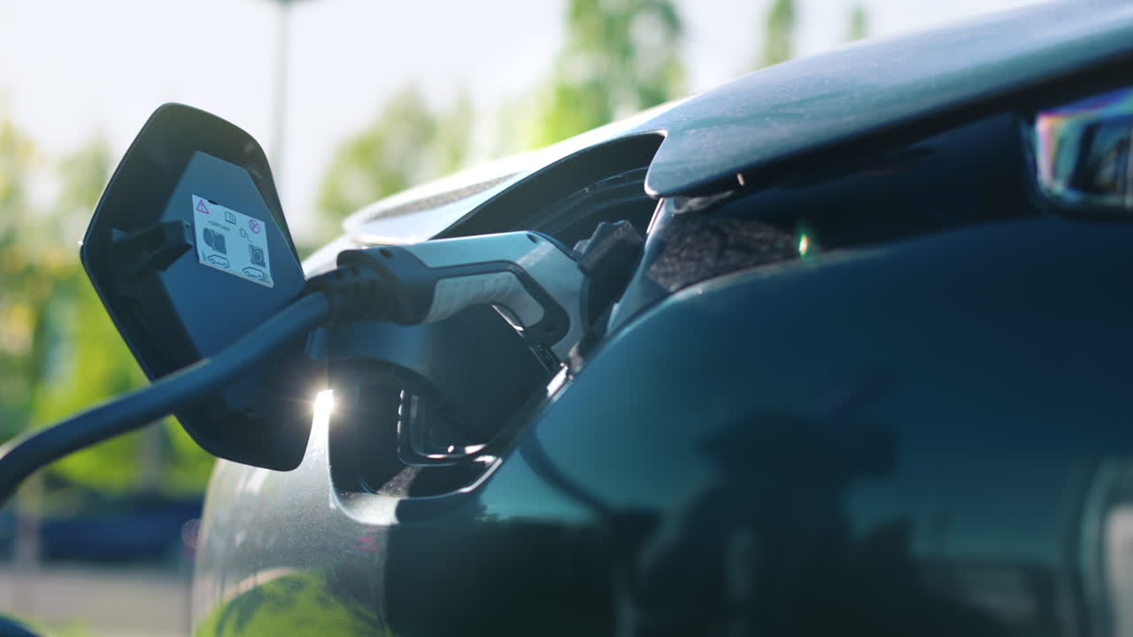 Man plugging in charger into an electric car at charge station. Slow motion