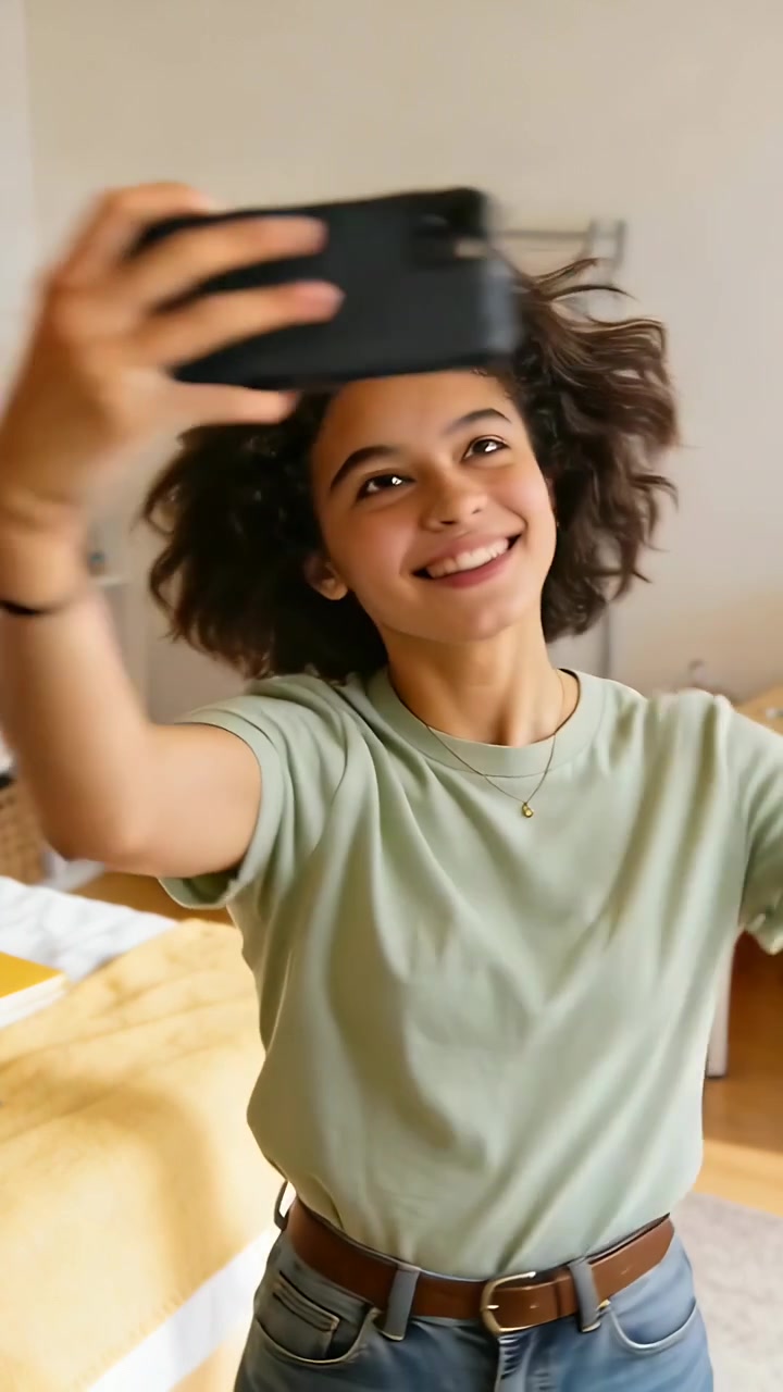 Vertikal video: Teenager løfter telefon i grøn T-shirt, jeans, poserer til selfie i soveværelse, peger med telefon