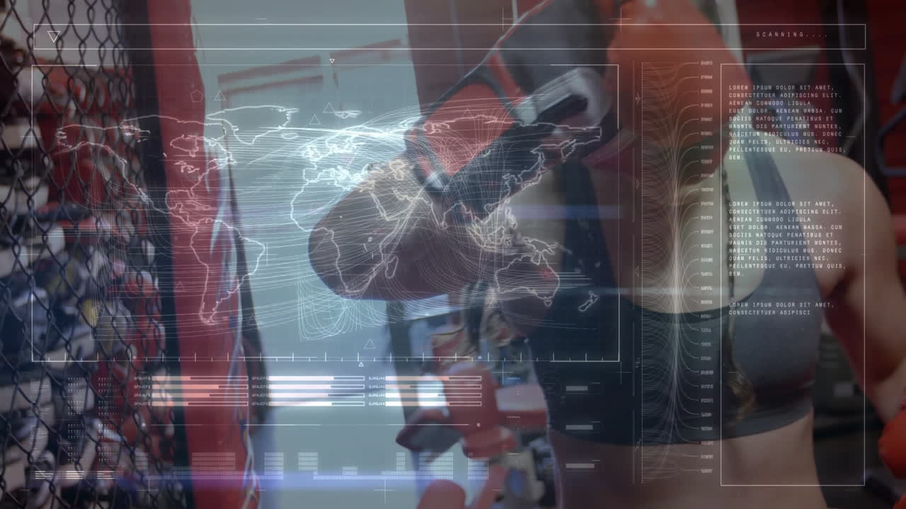 Woman punching heavy bag inside MMA gym, showcasing holographic fitness data streams and world map