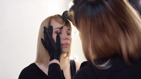 beautiful blonde makes eyebrow makeup in a beauty shop