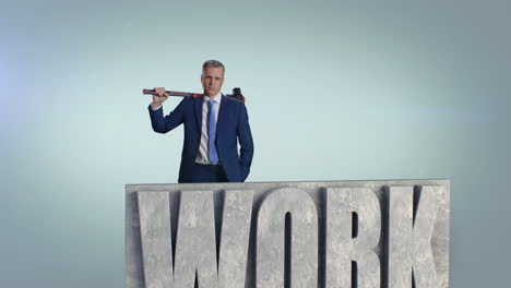 serious businessman going on vacation after work zoom out view of mature male entrepreneur destroying work inscription with hammer and revealing vacation against gray background