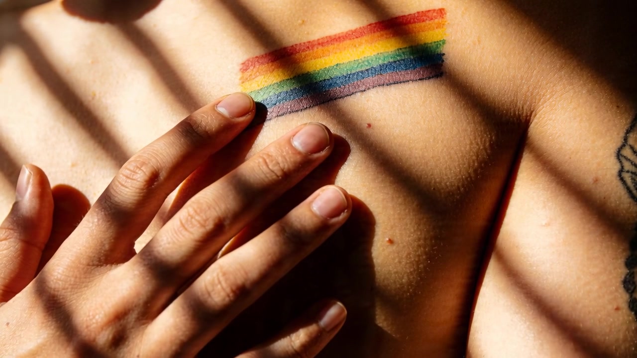 Moving hand covering bare breast in personal room with blinds, revealing rainbow stripe and tattoo