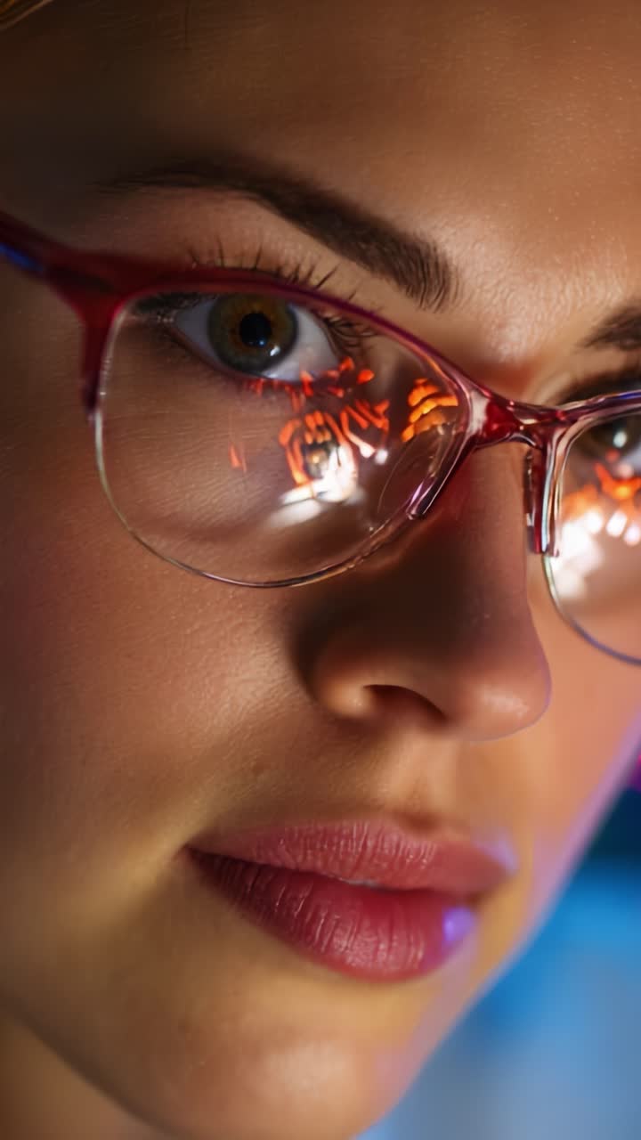 A close-up of a woman's face highlighting her striking features and glasses, revealing intricate reflections that capture the essence of modern beauty and technology