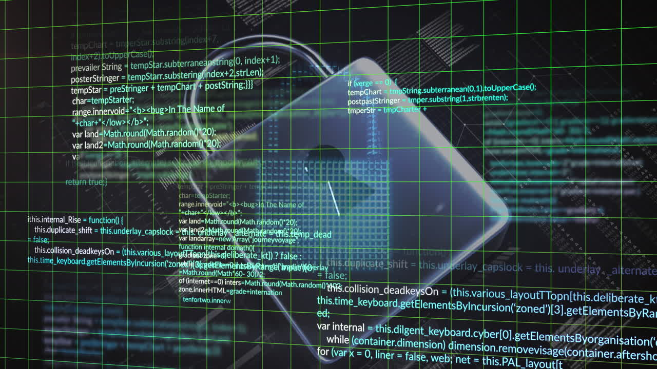 Animation of cloud, padlocks and computer language over black background