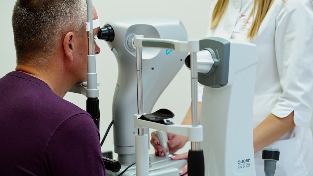 Doctor and patient in ophthalmology clinic. Female doctor ophthalmologist checking the eye vision in modern clinic