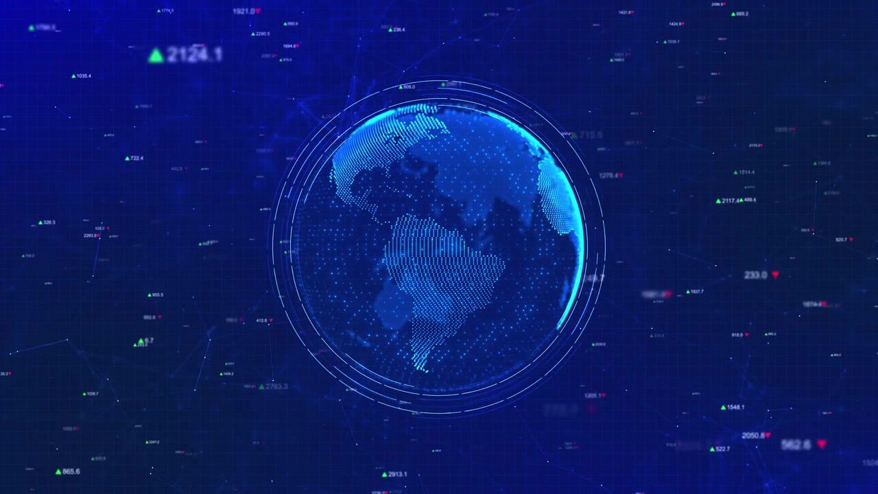 Blue financial globe data visual with glowing earth stock indicators chart points and global network