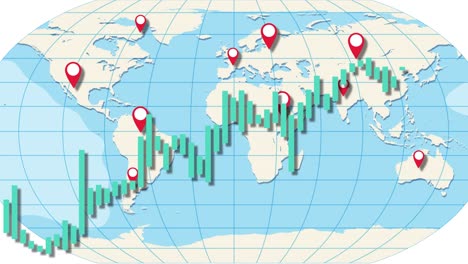 animation of candlestick graphs rising across a world map with location markers, highlighting global economic activity