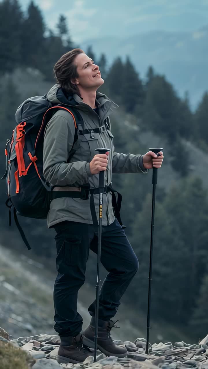 Vídeo vertical: excursionista con chaqueta y bastones en la cima explorando las crestas y admirando las vistas con su mochila