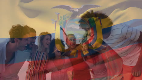 animation of flag of ecuador waving over smiling diverse friends forming human chain at beach