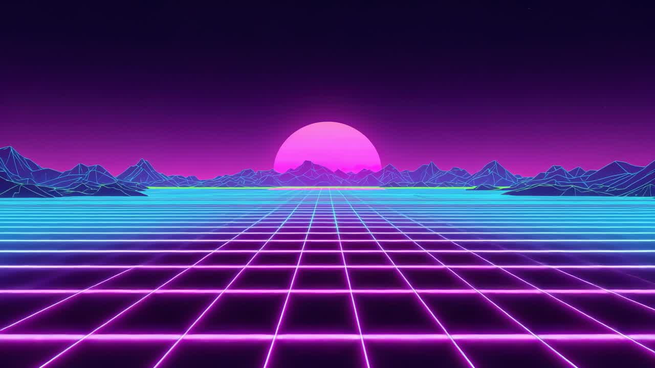 Starting timer causing neon-lit grid pulsing cyan lines across 80s sci-fi horizon, with magenta sun