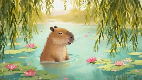 capybara in a serene pond with water lilies