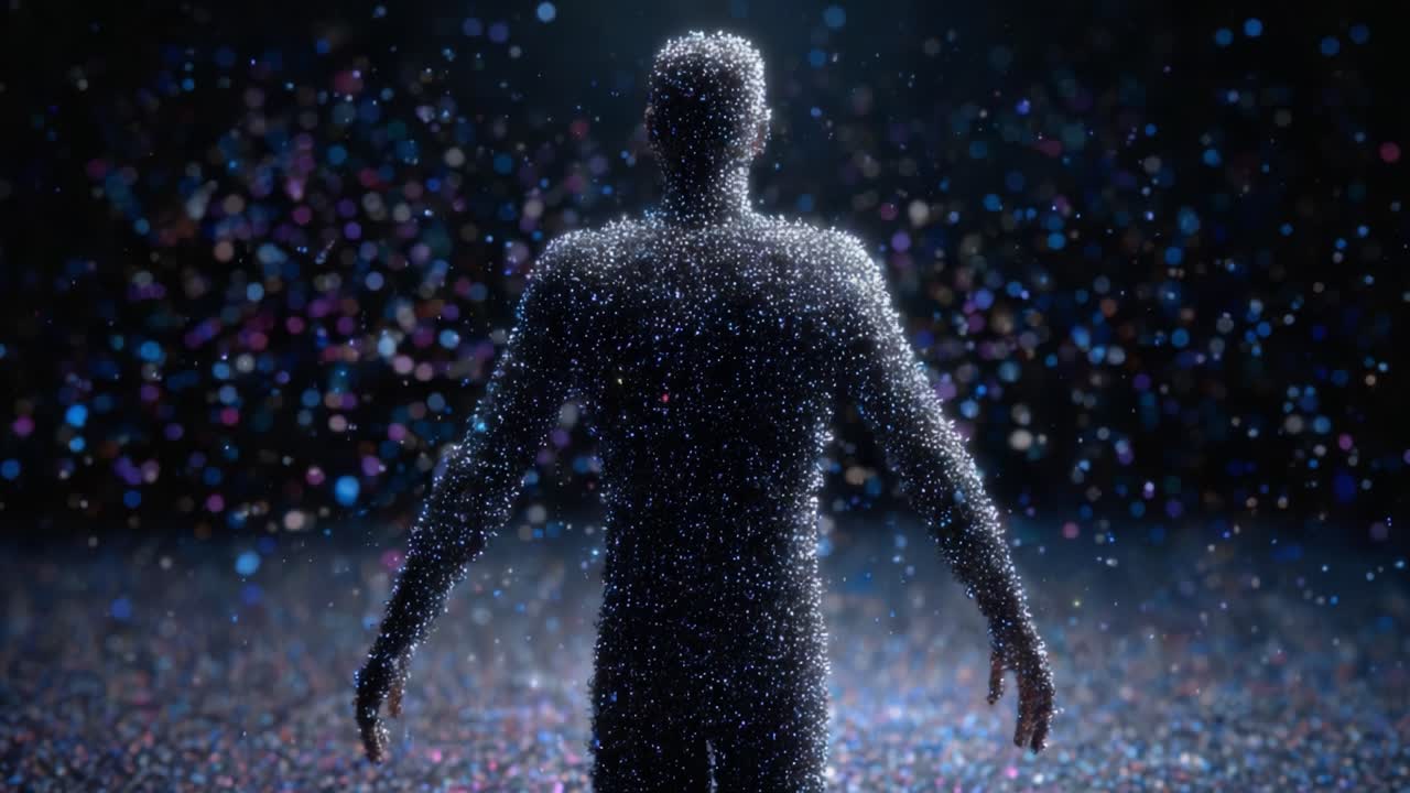 A Captivating Journey Through the Cosmic Essence of Humanity: A Glittering Figure Amidst a Sea of Stars and Colors Symbolizing Infinite Potential and Unity in the Universe