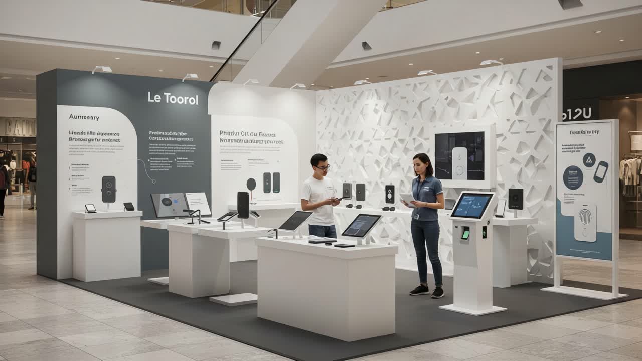 Engaging Technology Exhibit with Interactive Displays in a Modern Mall Setting, Showcasing Innovative Devices and Expert Assistance for Enthusiastic Customers