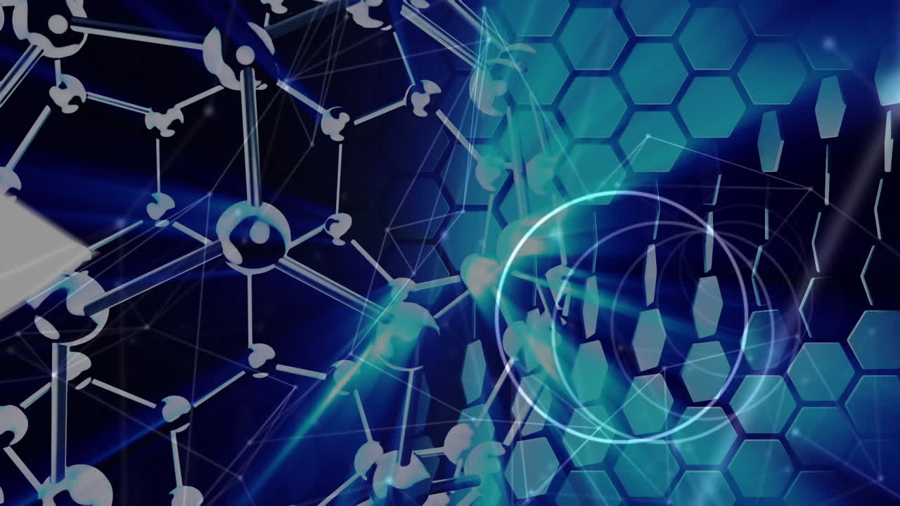 검은색과 파란색 바탕에 과학 데이터, 화살표 및 연결의 애니메이션