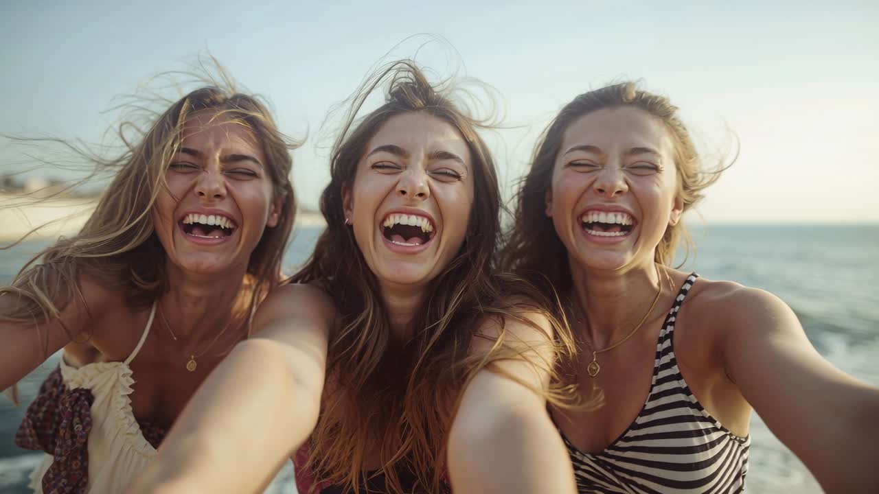 Tre donne ridono e si chinano verso la fotocamera per un selfie con il telefono, in costume da bagno sulla spiaggia.