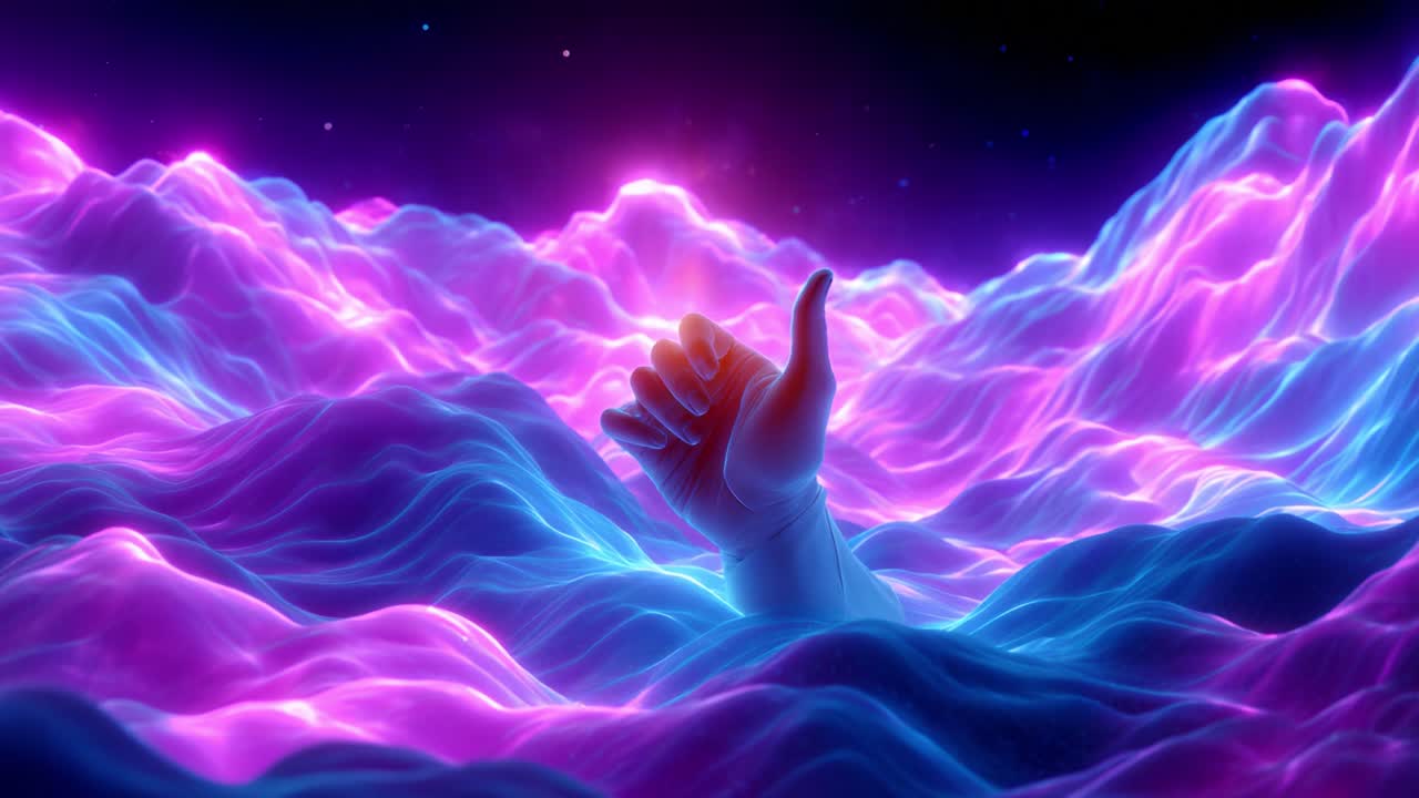 A mesmerizing digital artwork depicting a hand emerging from vibrant, colorful waves of light, symbolizing a connection to the ethereal and the struggle to reach beyond the depths of a surreal landscape