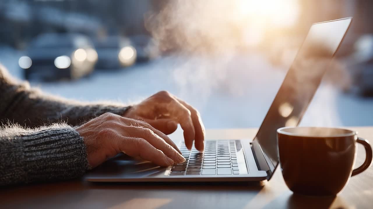 A Cozy Winter Work Environment: Warm Hands Typing on a Laptop with a Steaming Mug, Capturing the Essence of Productivity Amidst a Cold Atmosphere