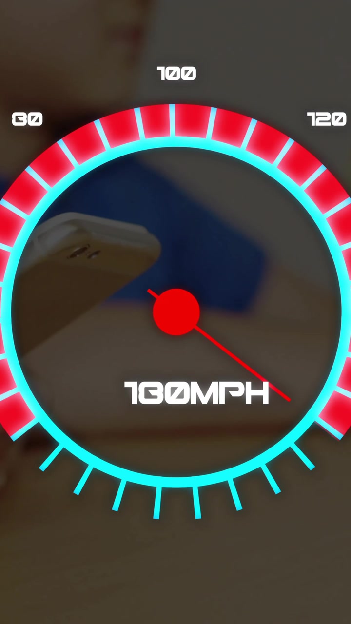 Animating speedometer showing 110 MPH over children using smartphones in school