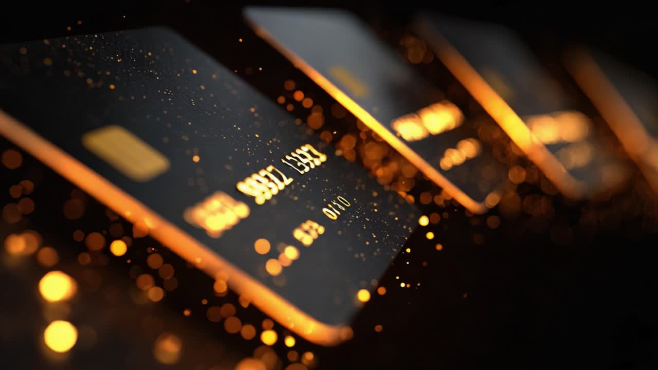 Glamorous black credit cards with glowing golden details floating in a row against a dark background, representing wealth, luxury finance, and exclusive banking services for VIP clients