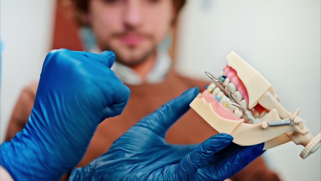 Dentist wearing a protective mask, goggles, and gloves showing a teeth mock up to a patient in a dental cabinet