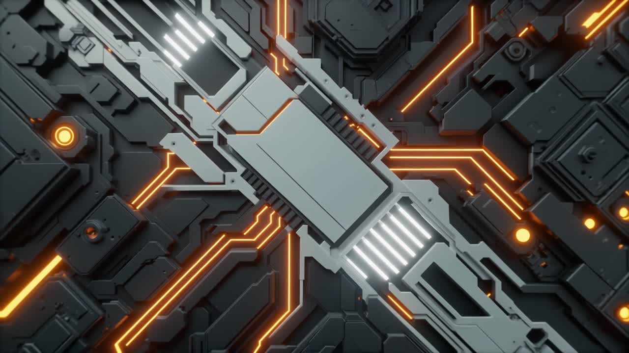 Moving Futuristic Circuit Board with Glowing Orange Data Lines