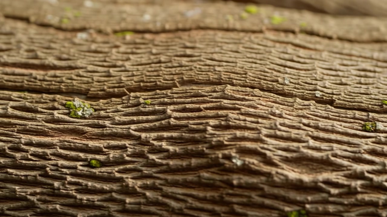 Potongan gambar close-up ketat kulit pohon berlapis yang memenuhi bingkai, dengan punggung bukit cokelat kasar, bintik-bintik lumut hijau kecil, dan cahaya alami yang lembut dan hangat