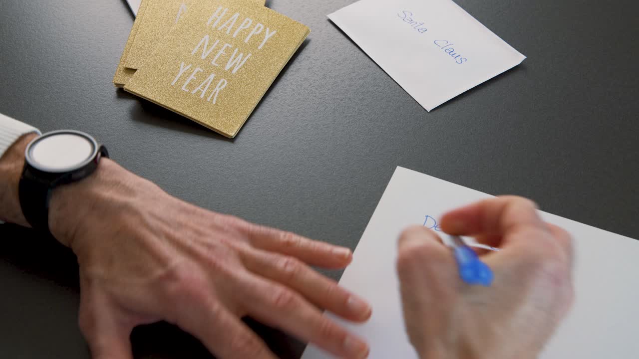 Writing Christmas wish letter to Santa Claus, envelopes on table