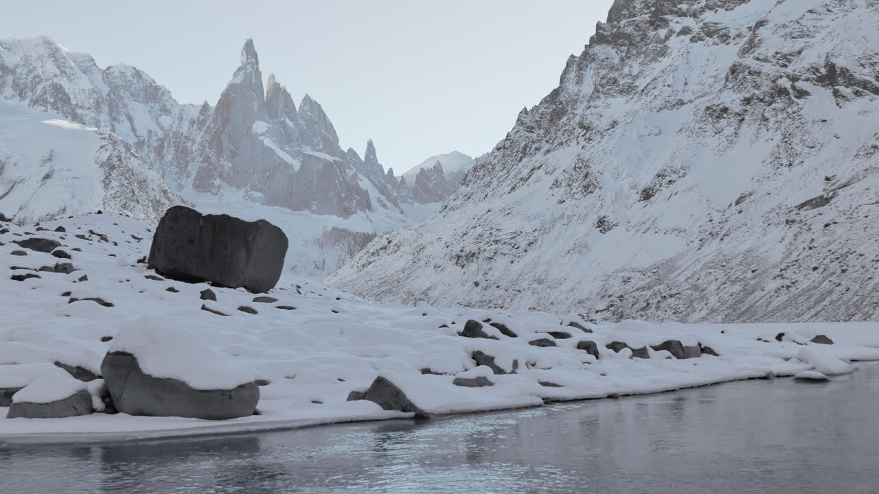 Majestic Cerro Torre rising above a glacial valley in winter, Patagonia Argentina. Pristine alpine environment and dramatic mountain scenery