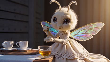 whimsical animated bee fairy wearing cream lace dress delicately stirring honey into teacup, creating enchanting scene with iridescent wings and magical charm