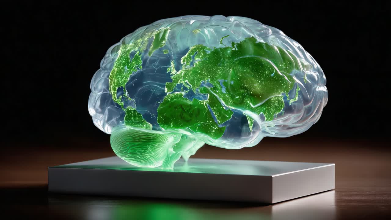 A Glowing Representation of the Brain with a Transparent Map of the World, Symbolizing Global Connectivity and Consciousness, Illuminated by Green Light