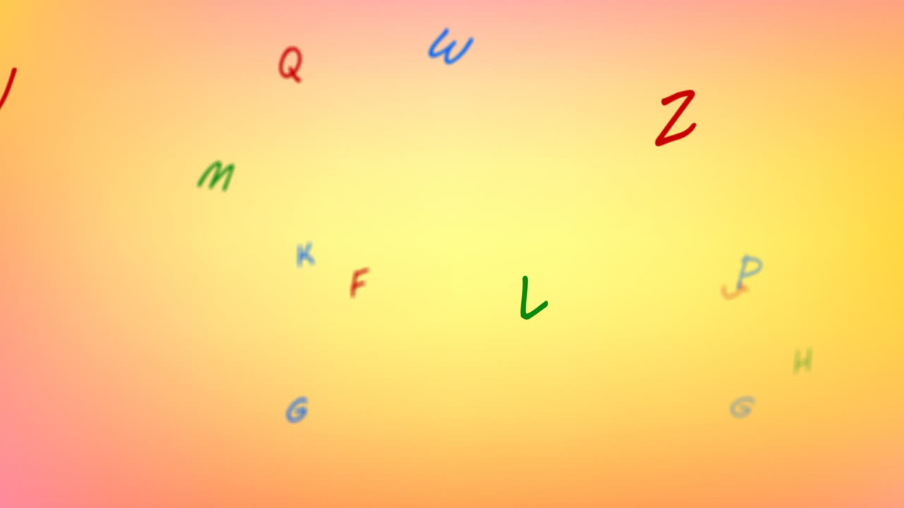 animación de letras de colores que se mueven sobre un fondo naranja suave y amarillo