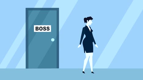 blue style businesswoman kicked out of work boss office door flat cartoon character animation