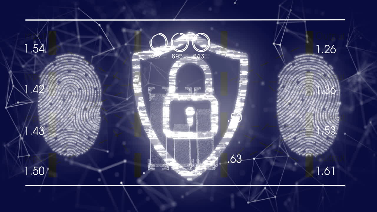 Animation of data processing and padlock over shapes and fingerprints