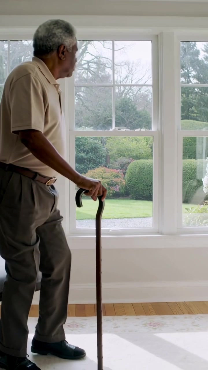 Video verticale: Anziano appoggia il bastone e si alza alla finestra di casa per guardare il giardino, con una polo beige, spazio per il testo.