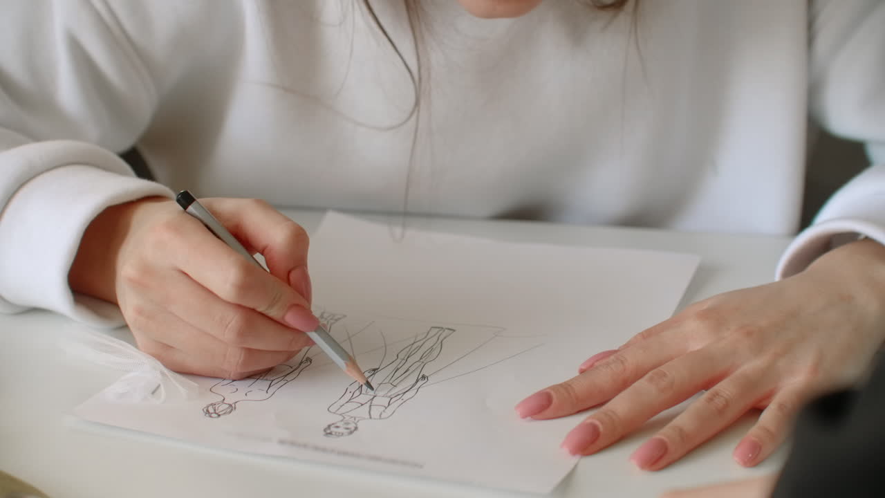 primer plano de dos mujeres jóvenes trabajando como diseñadoras de moda y dibujando bocetos para ropa en el atelier
