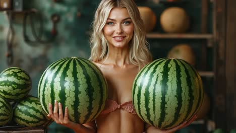 a woman holding two large watermelons in her hands