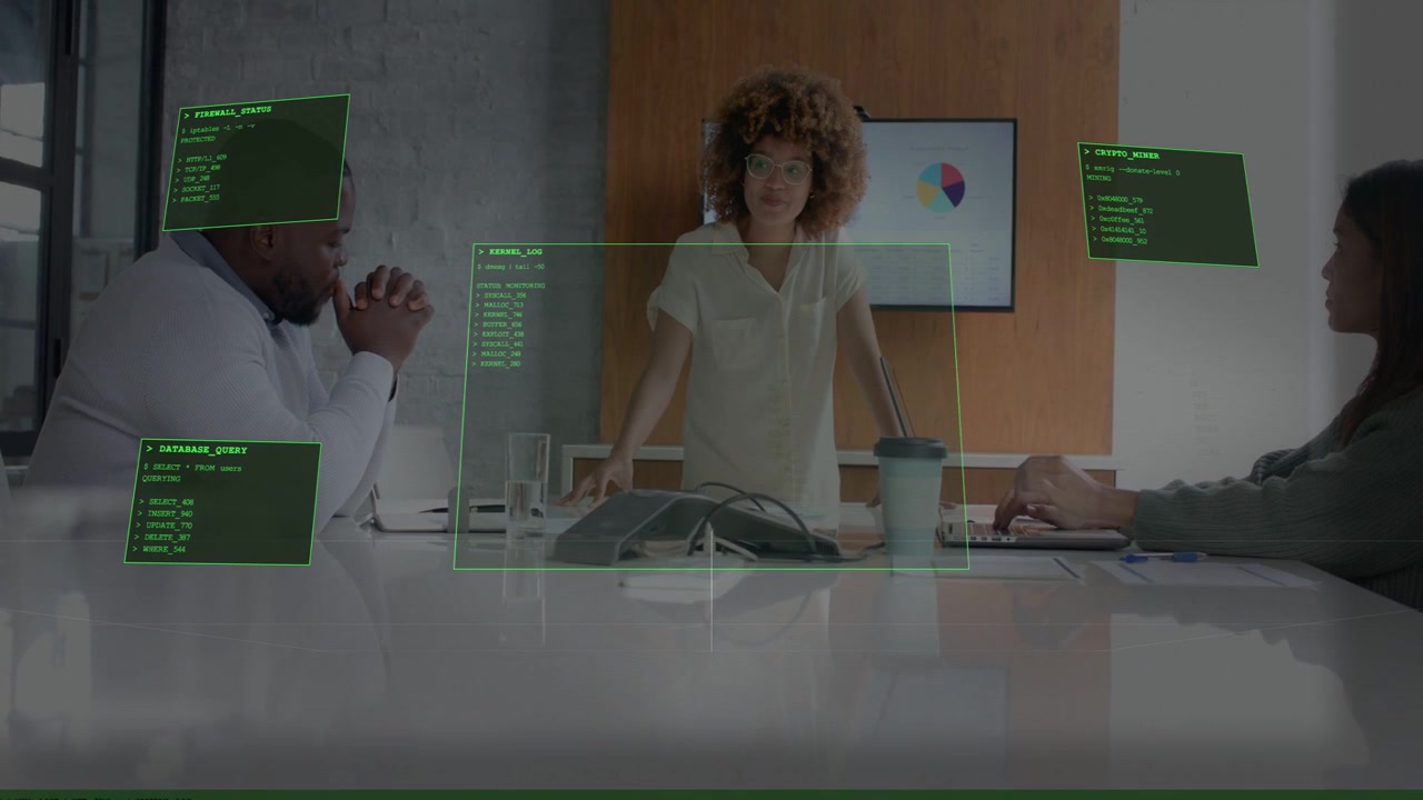 Standing presenter speaking, AR panels appearing over table, team listening and typing to show data