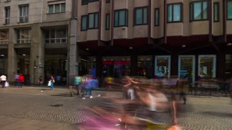 italy sunny milan city famous shopping street crowded rotating panorama 4k timelapse