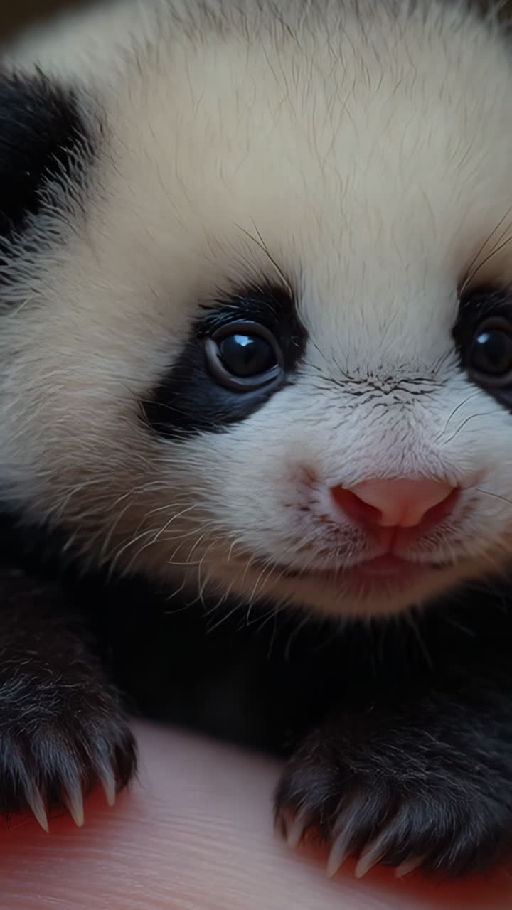 A baby panda is sitting on a person's hand. The baby is adorable and cute. The person holding the baby is likely a parent or caregiver