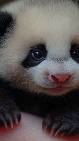 a baby panda is sitting on a person's hand. the baby is adorable and cute. the person holding the baby is likely a parent or caregiver