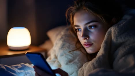 young woman is comfortably nestled in soft blankets, focused on her smartphone while a warm light glows nearby, creating a cozy and serene ambiance in the intimate bedroom setting