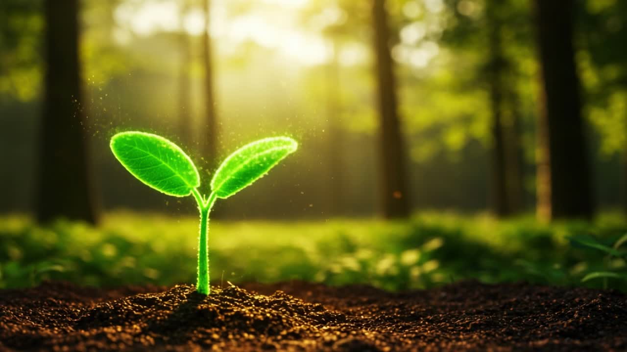 A vibrant new plant emerges from the rich soil of a lush forest, basking in the warm, golden light of the hour at the nature reserve